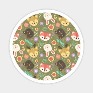 Cute Woodland Animals and Flowers Pattern Magnet